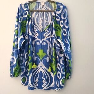 Chicos Lotus Flare Sleeve Peasant Tunic Pullover Size 3 16-18 Blue Green & White
